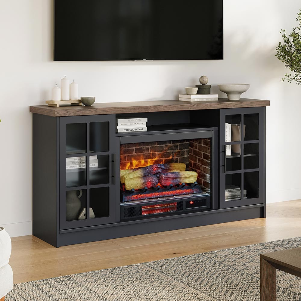 Media console in steel blue with electric fireplace in a roomy living room.