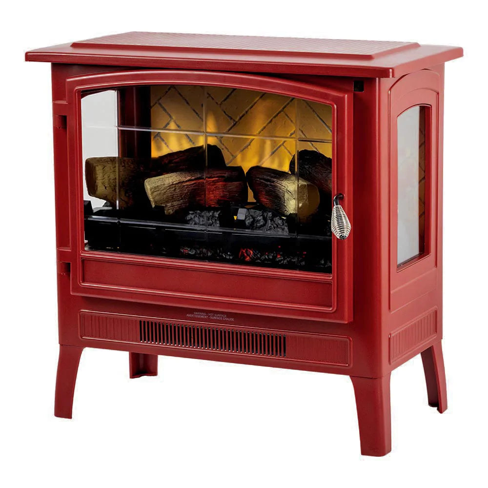 Red freestanding electric stove.