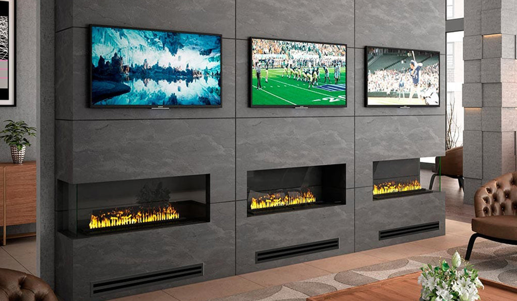 TV screens over electric fireplaces.