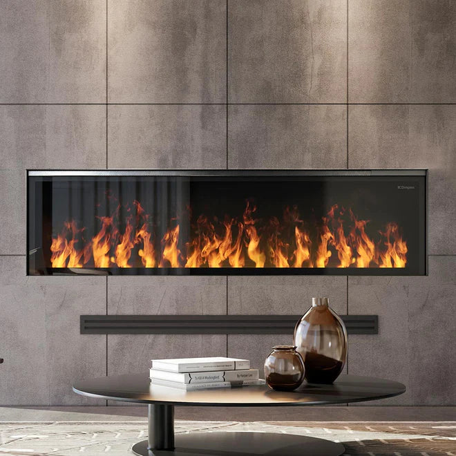 Large linear fireplace in a cement wall with high-tech flame technology.