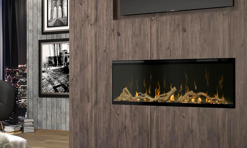 Dimplex Ignite fireplace in a large wood statement wall.