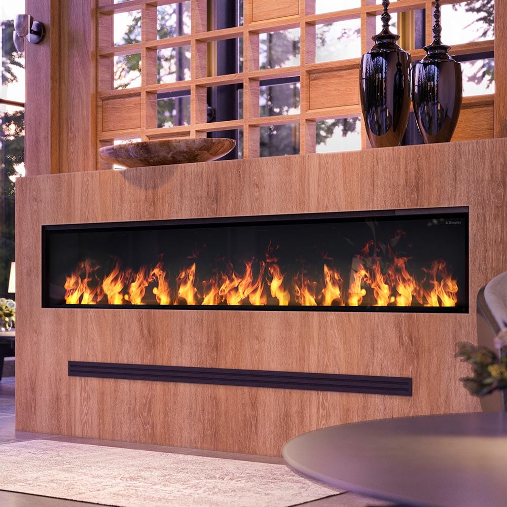 Long linear electric fireplace in a wood surround.