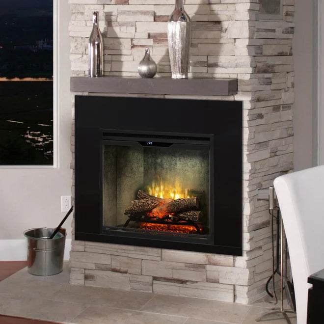 3-D flame technology electric fireplace in a brick surround.