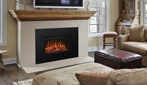 Clean heat from an electric fireplace in a neutral colored living room.