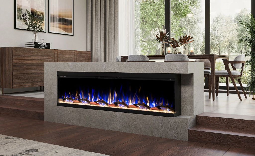 Linear electric fireplace installed as a peninsula