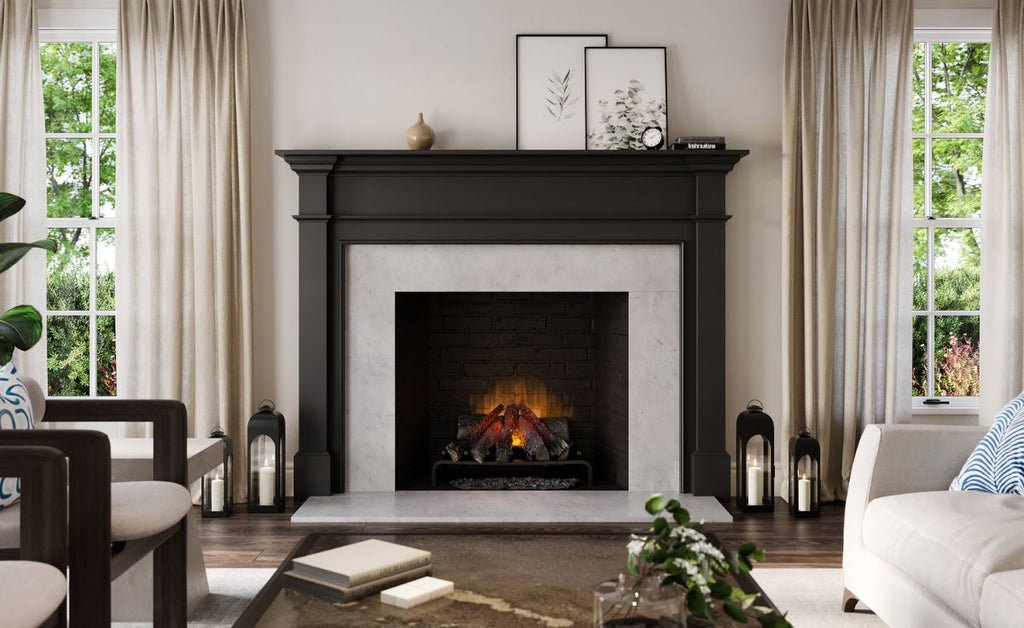 Black and white living room with fireplace at the center.