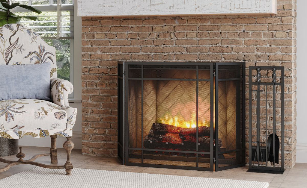 Brick electric fireplace in a cozy living room.