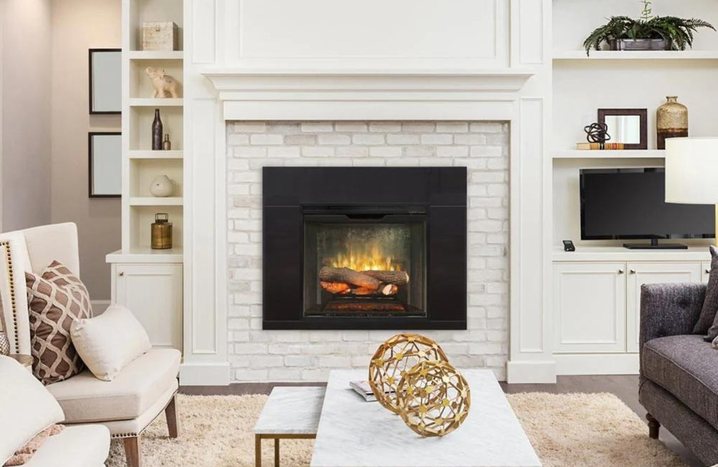 Cozy living room with neutral colors and a white brick fireplace.