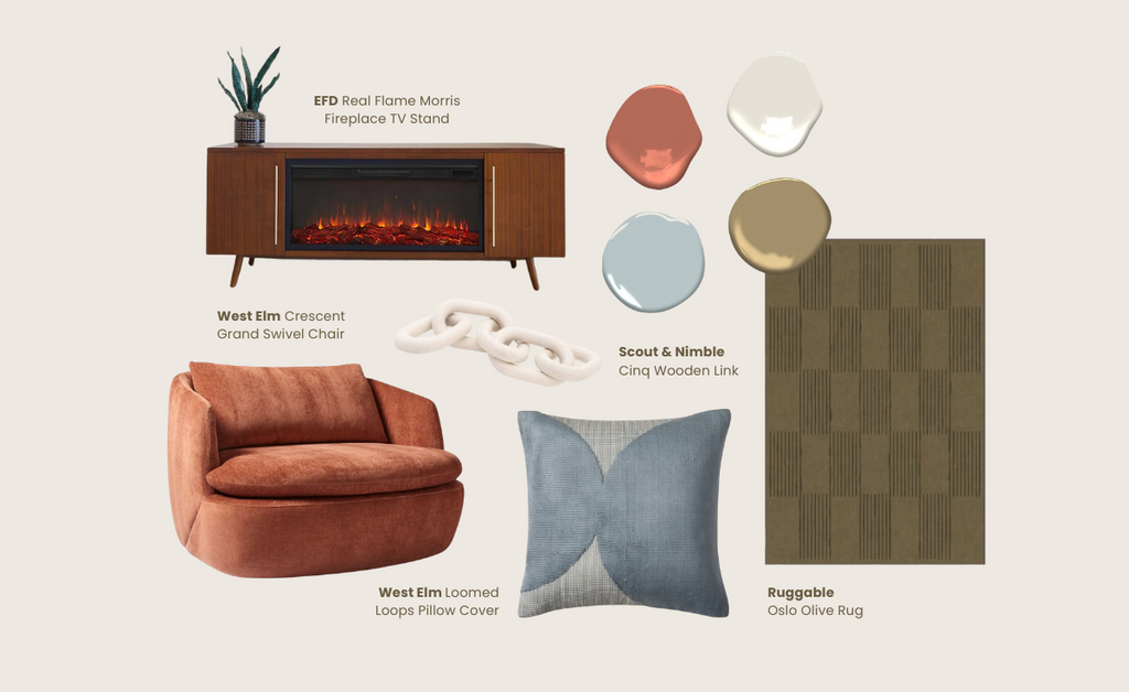 Mood board with midcentury modern colors, furniture, and rug.