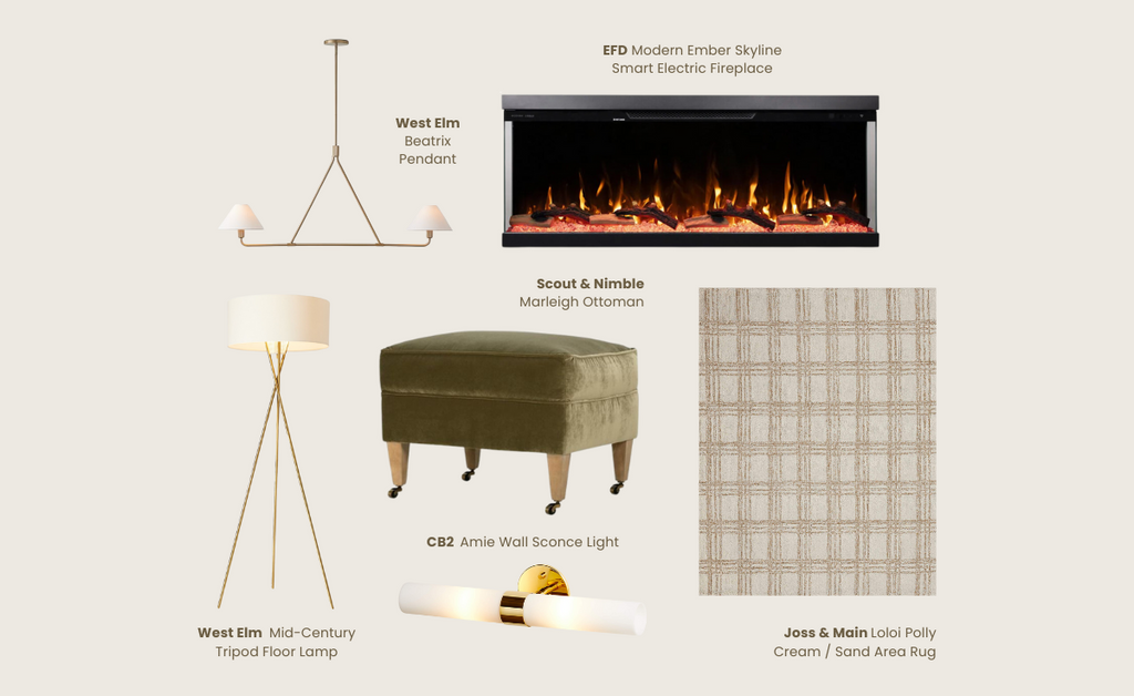 Mood board with midcentury lighting fixtures, fireplace, and rug.