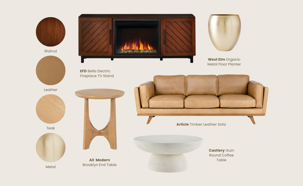 Midcentury modern mood board with wood furnishings and fireplace console.