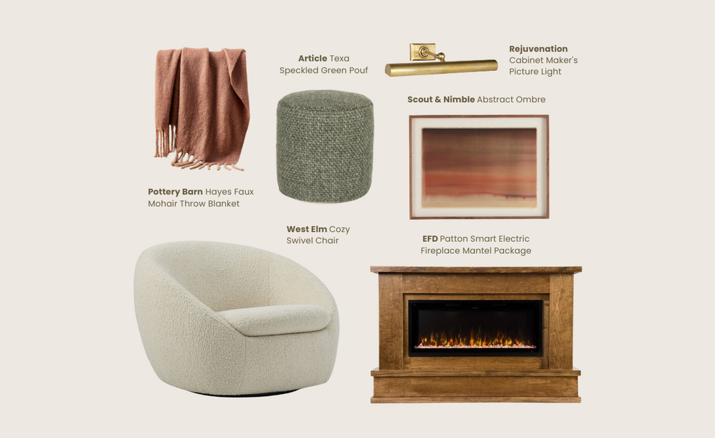 Mood board with midcentury modern items like fireplace, art, and furniture.
