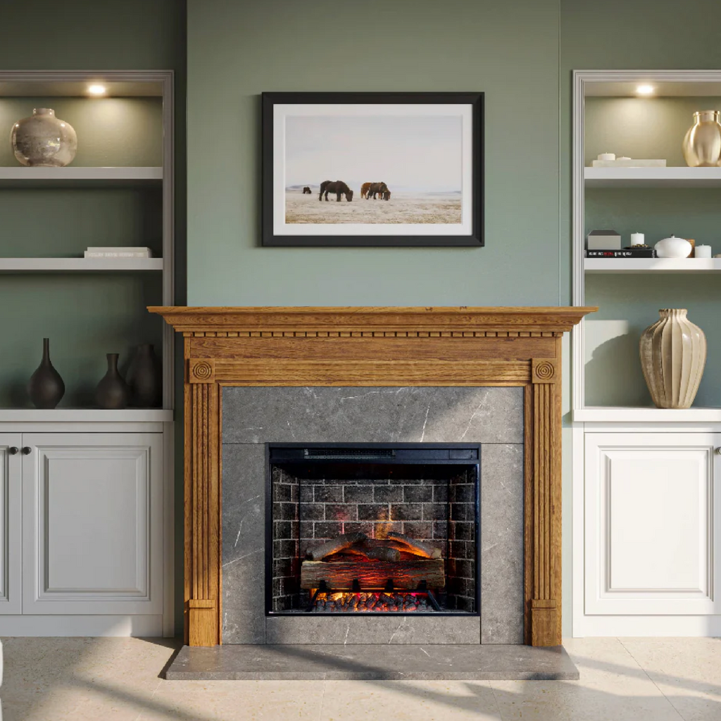 Living room with built-in bookshelves and a built-in fireplace with wood mantel and brick firebox.