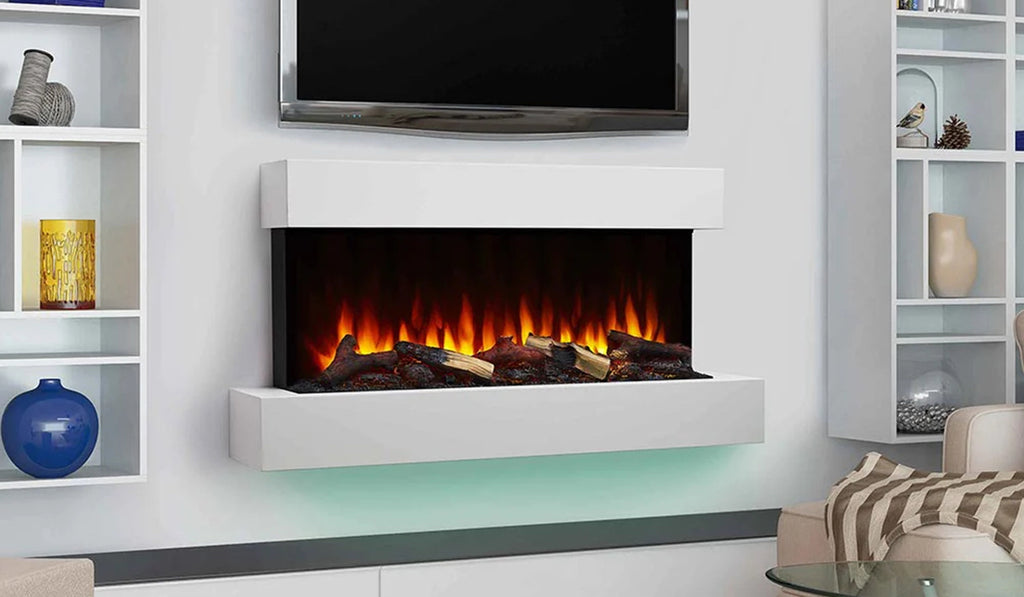 Linear electric fireplace with full frame around the outside placed in a white wall.