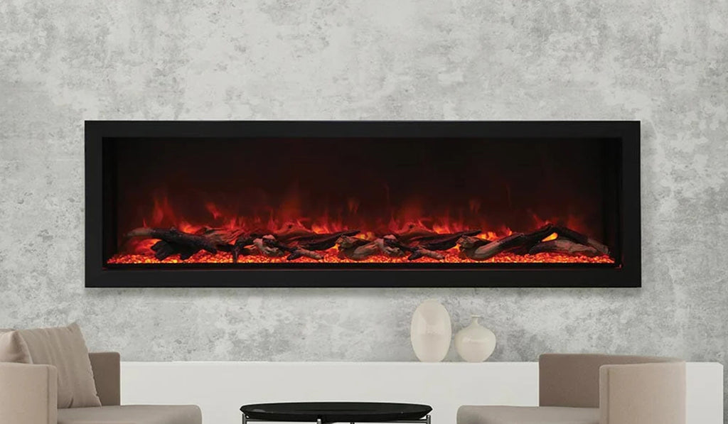 A linear electric fireplace in a concrete wall with white accents. 