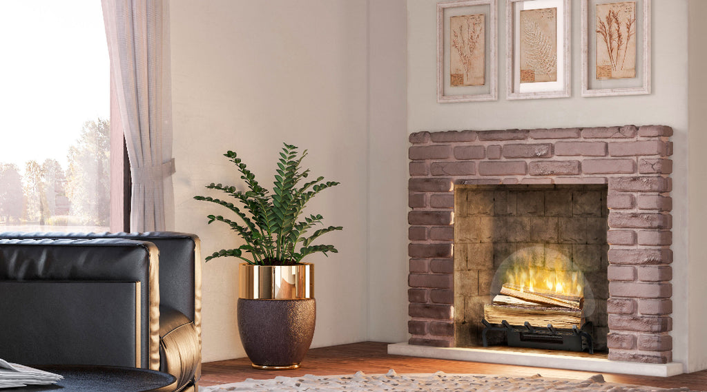 Small fireplace insert with stone surround and mantel.