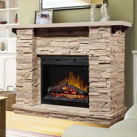 Stacked stone fireplace surround with mantel and electric fireplace.