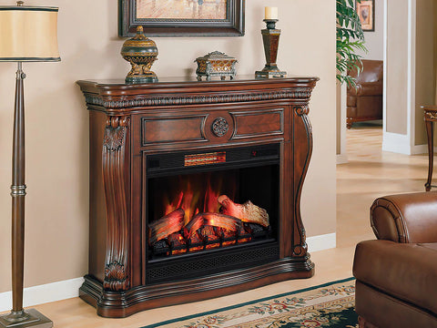 Elegant carved wood mantel and surround for a cozy living room.