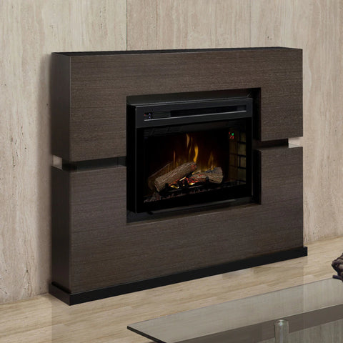 Modern style wood-look mantel and surround electric fireplace.