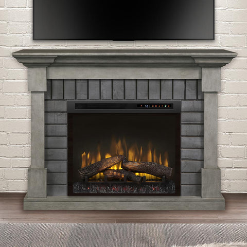 Transitional style gray brick and wood mantel electric fireplace. 