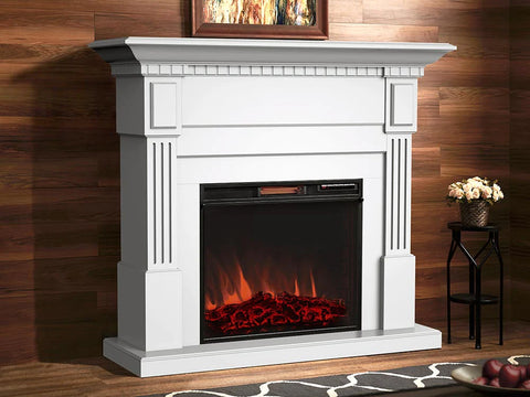 Classic white colonial style mantel and surround electric fireplace.