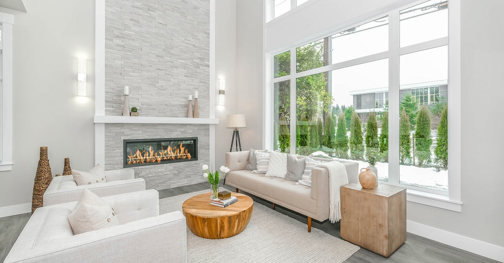 Contemporary fireplace in a large living room.