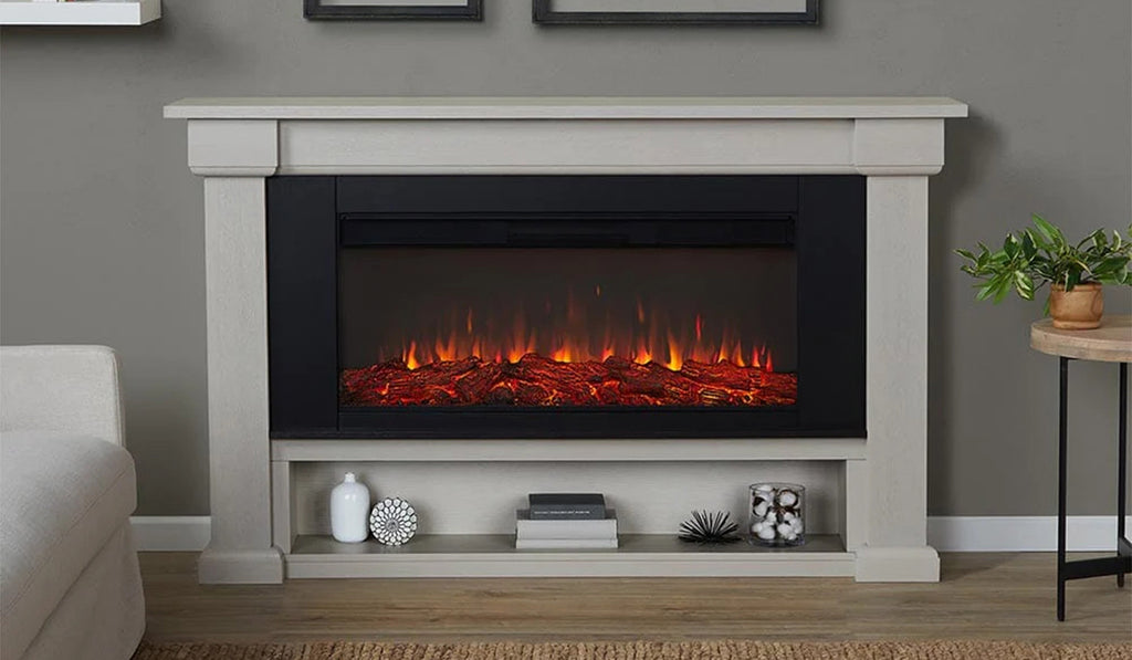 Opulent electric fireplace with ornate mantel in a living room.