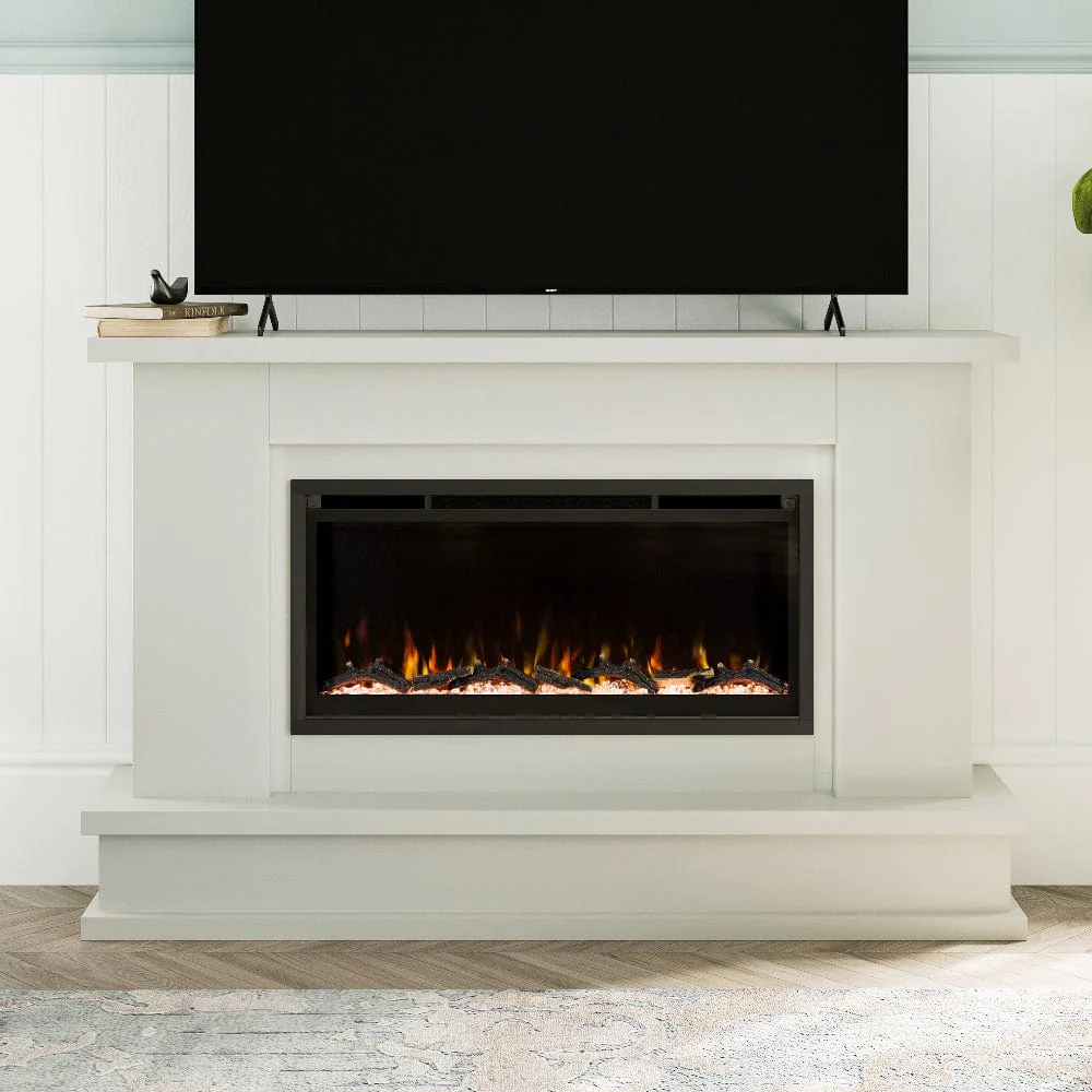 White poplar wood fireplace surround with built in mantel and hearth in a neutral living room.