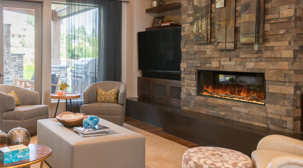 Large living room with stone accents and a linear electric fireplace.