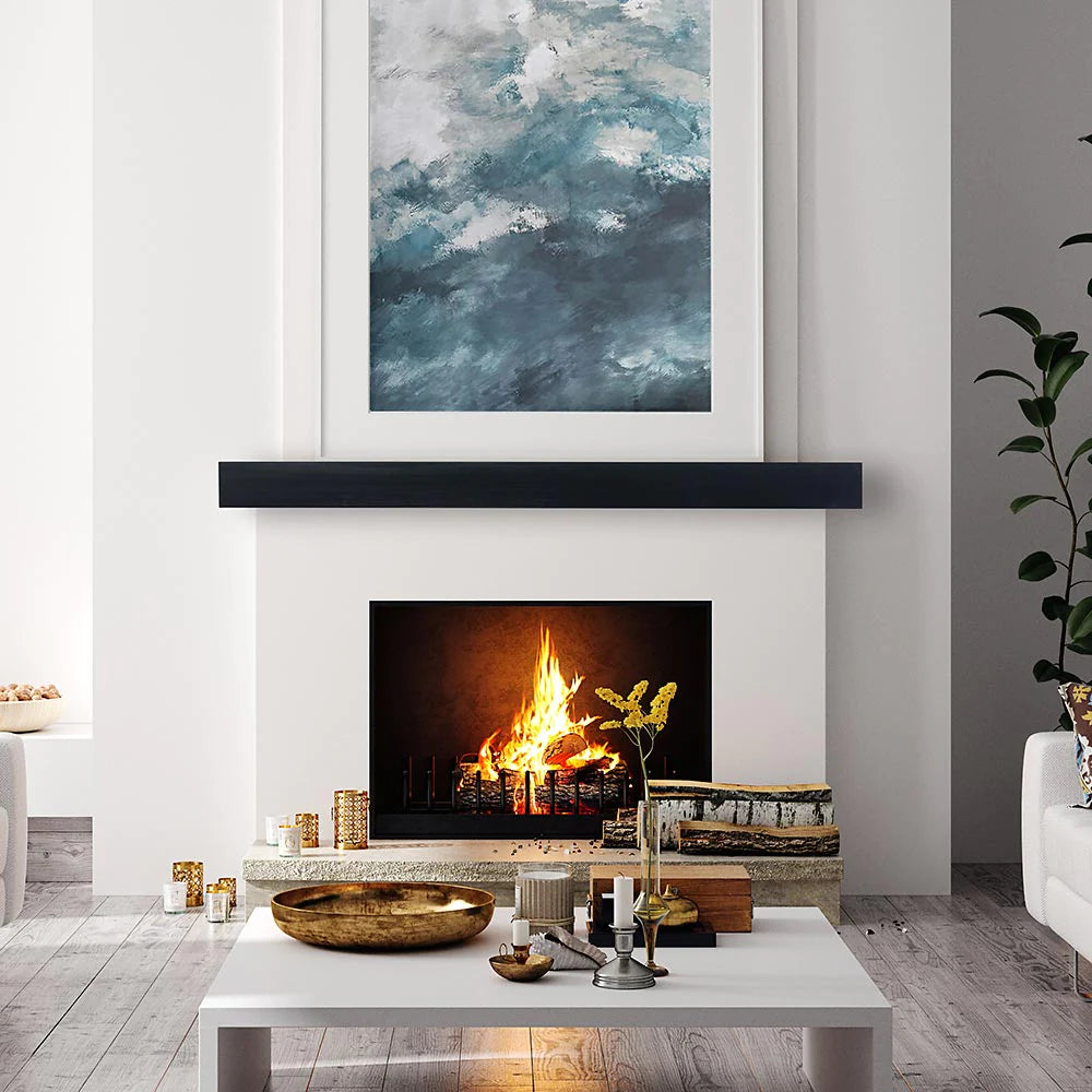 Modern black mantel shelf in a large white living room.