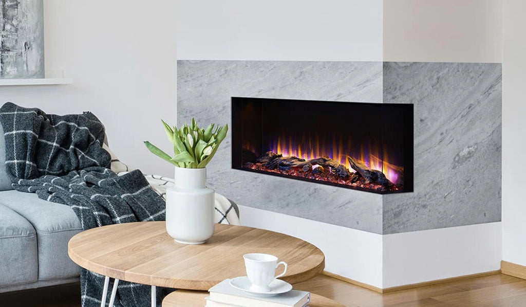 Three sided fireplace in a peninsula wall.