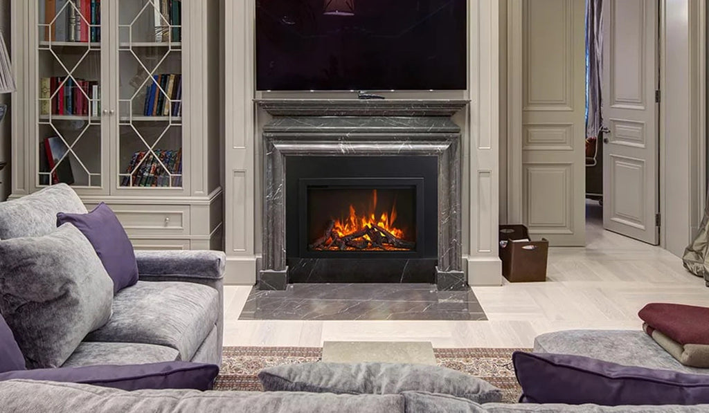 Cozy living room with recessed electric fireplace built into the wall. 