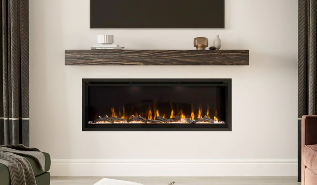 Electric fireplace with wood mantel and remote controlled functionality.