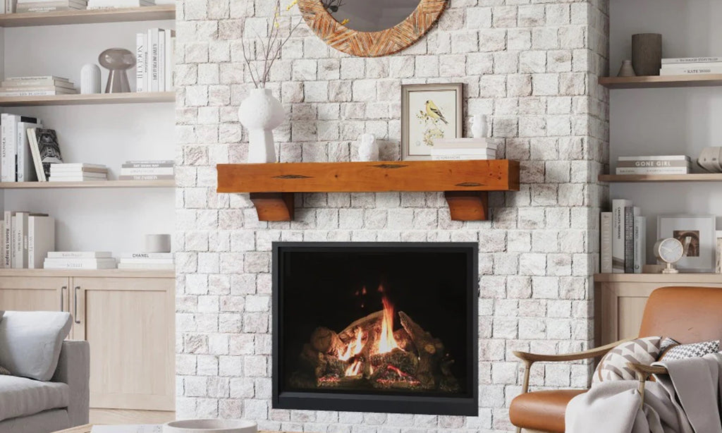 Rustic wooden mantel shelf over a fireplace in a light wall with shelves on either side.