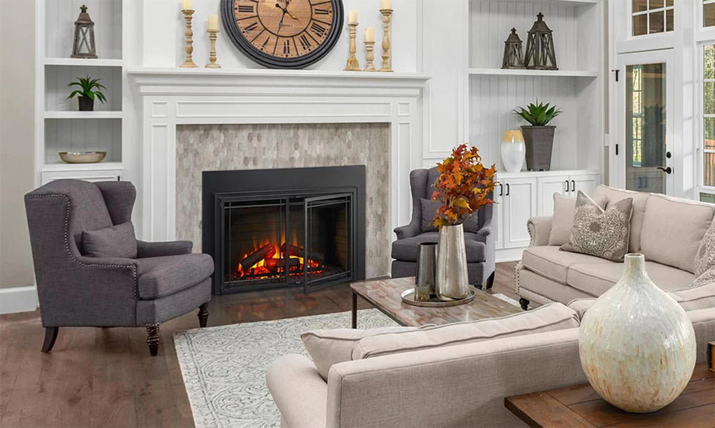 Large white living room with stone facing and mantel around a fireplace.
