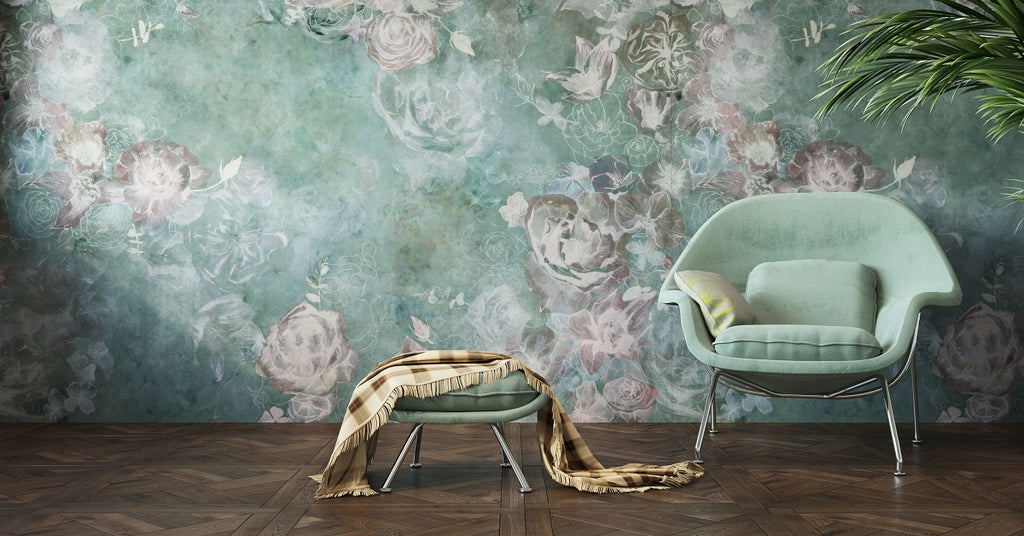 Wallpapered wall adds color and floral pattern to an otherwise bare wall.