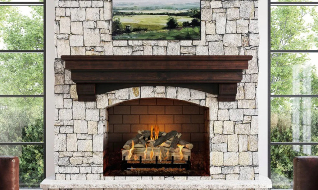 Large fireplace on a stone wall with architectural wood mantel.