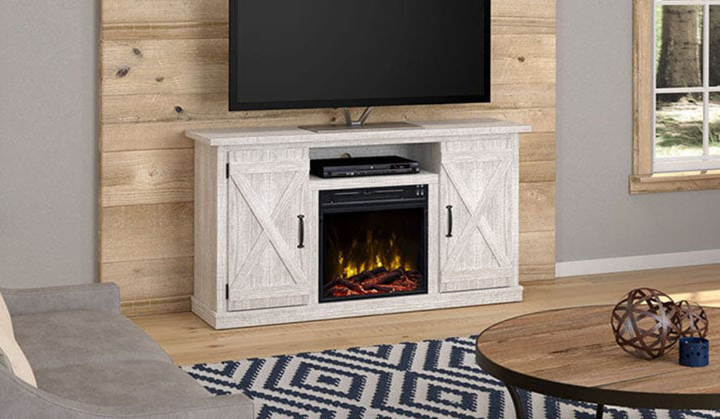 Twin Star electric fireplace and TV console suitable for apartments with renters.