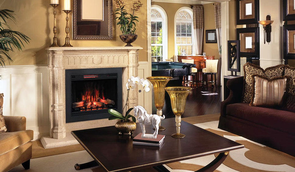 Art deco style decor with a cozy fireplace in the background and large coffee table in the foreground.