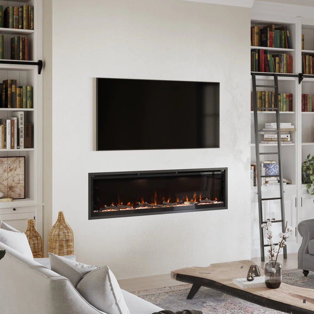 A linear fireplace with television above and no mantel in a white living room.