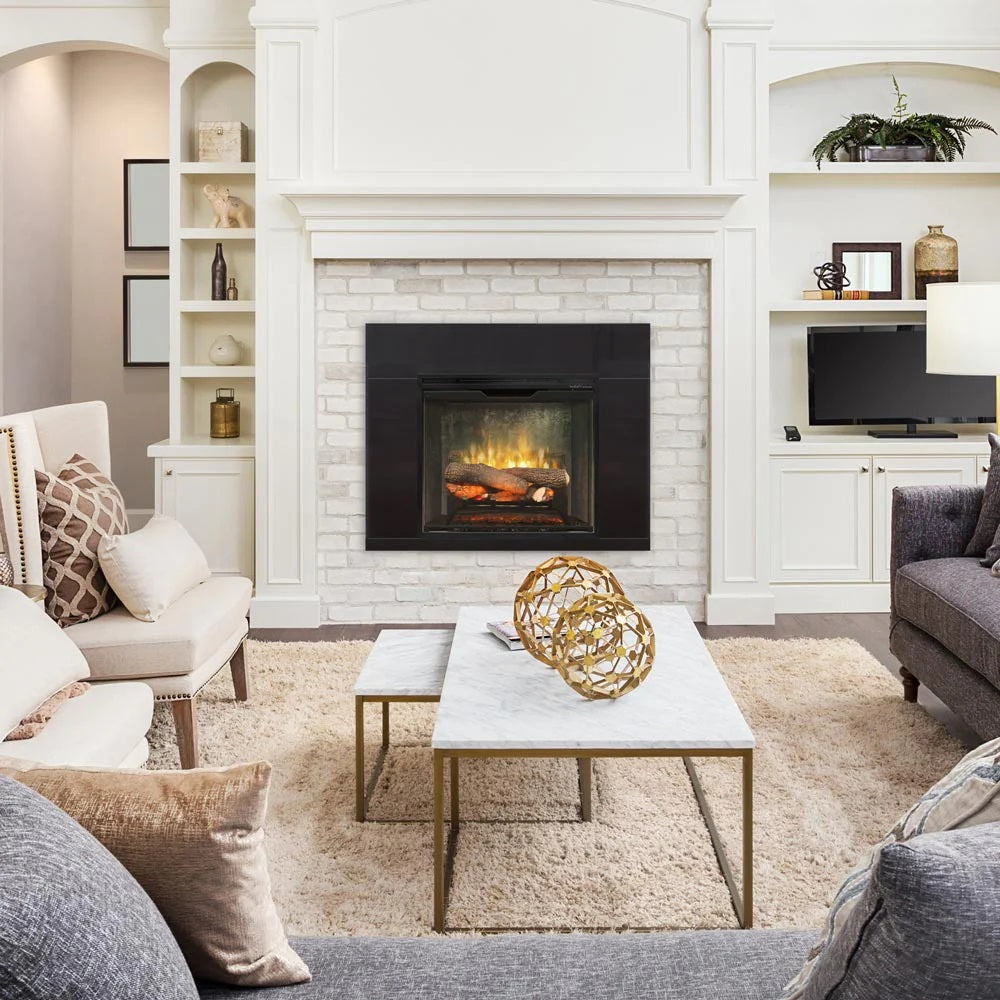 Realistic flame with customizable settings in an electric fireplace in a large, white living room.