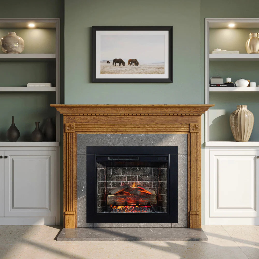 Dimplex Revillusion insert electric fireplace in a spacious living room with green paint and bright sunlight.