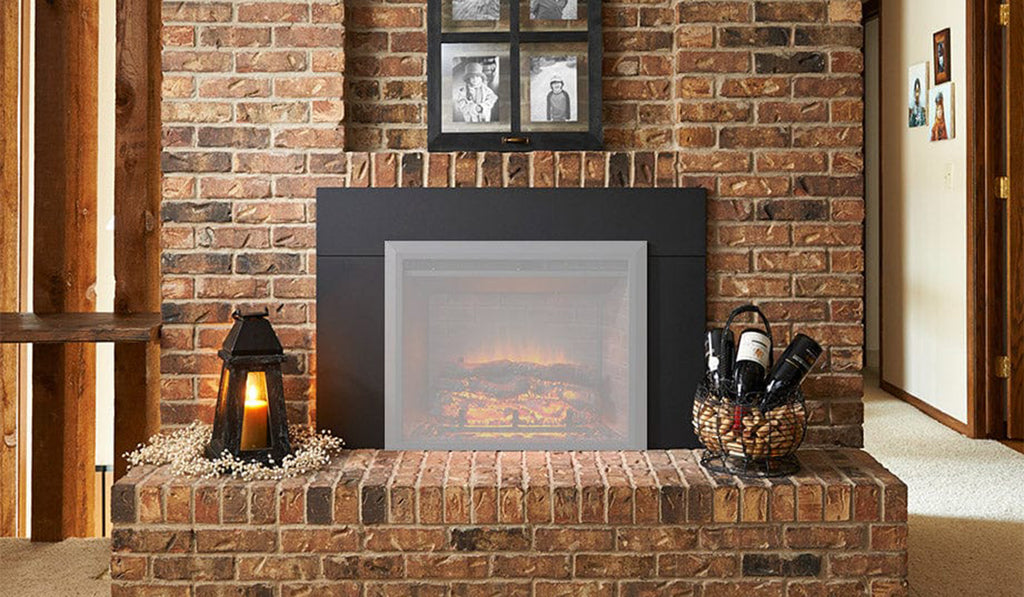 Brick hearth with electric fireplace and accents on either side and on top of the hearth.