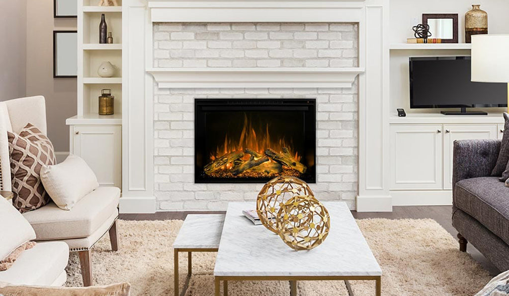 White brick surround with electric fireplace inserted into the wall of a neutrally colored living room.