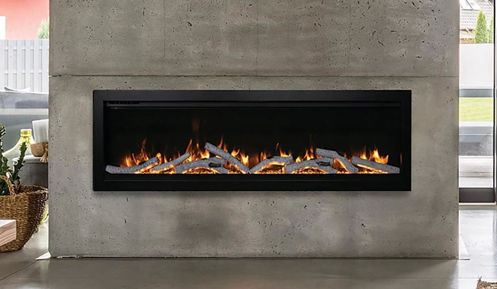 Linear electric fireplace set in a concrete surround in an outdoor setting.