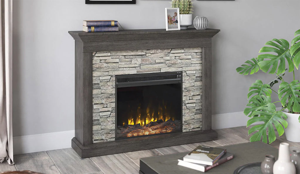 An electric fireplace with a stone mantel