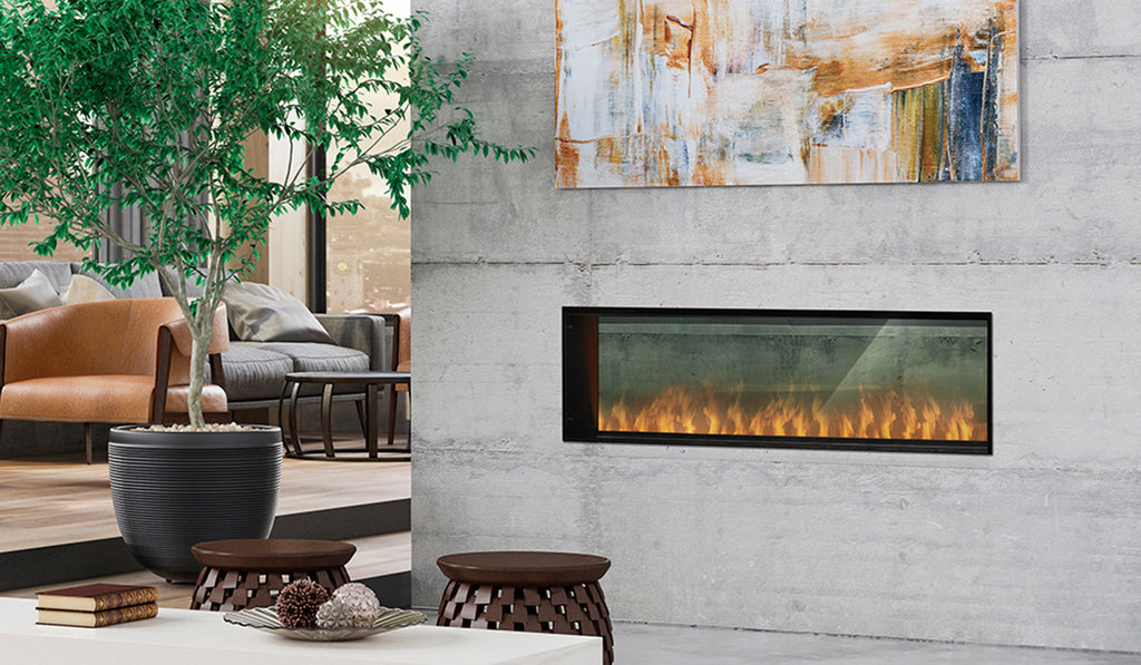 Large, linear electric fireplace recessed into the wall in a living room with concrete surround.