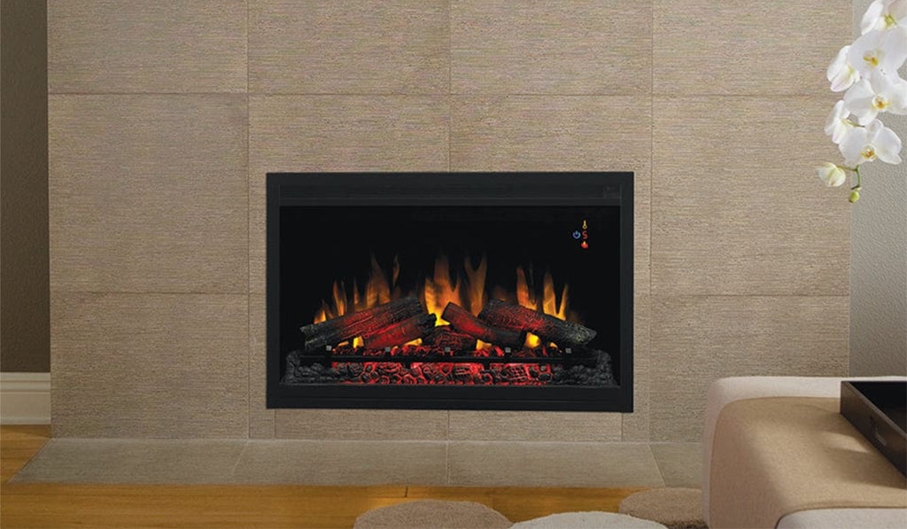 Floor level recessed fireplace with glowing electric logs.
