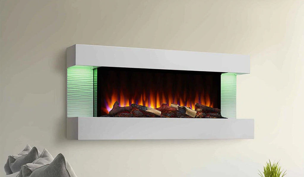 A wall-mounted electric fireplace with a minimalist mantel