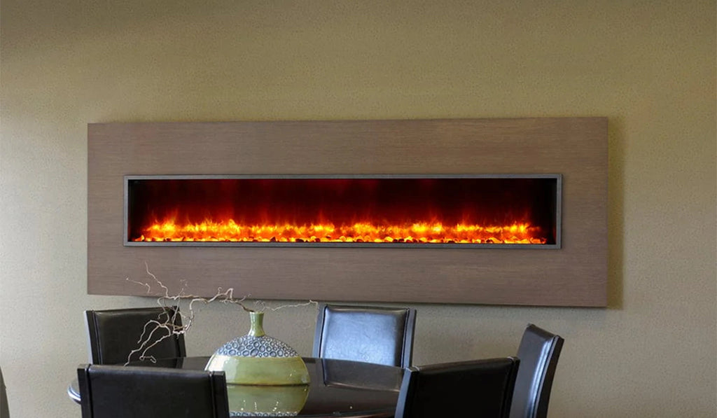Extra wide linear electric fireplace recessed into the wall at mid height.